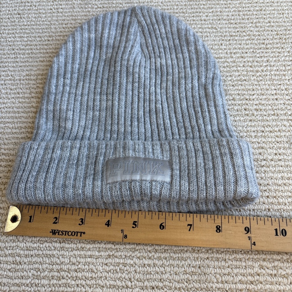 Victoria Secret Pink Beanie Hat Gray ribbed cute acrylic winter - Picture 4 of 7